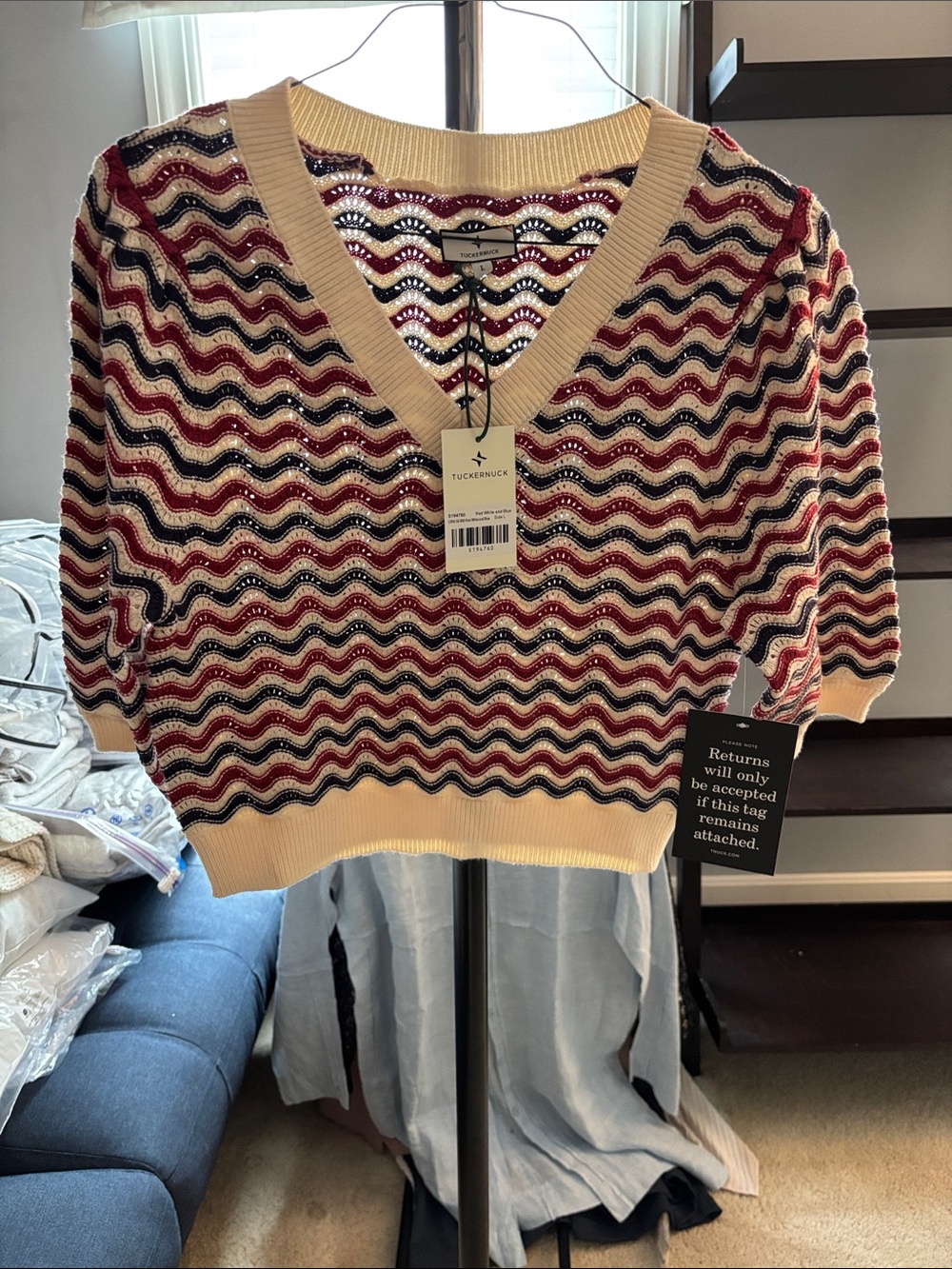 Tuckernuck Cream V-Neck Short Sleeve Sweater with Red & Navy Wave Stripes